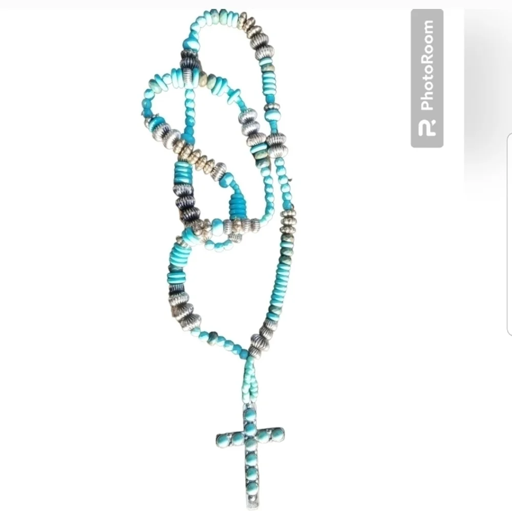 GYPSY SOULE TURQUOISE & SILVERTONED CROSS PENDANT SOUTHWEST NECKLACE